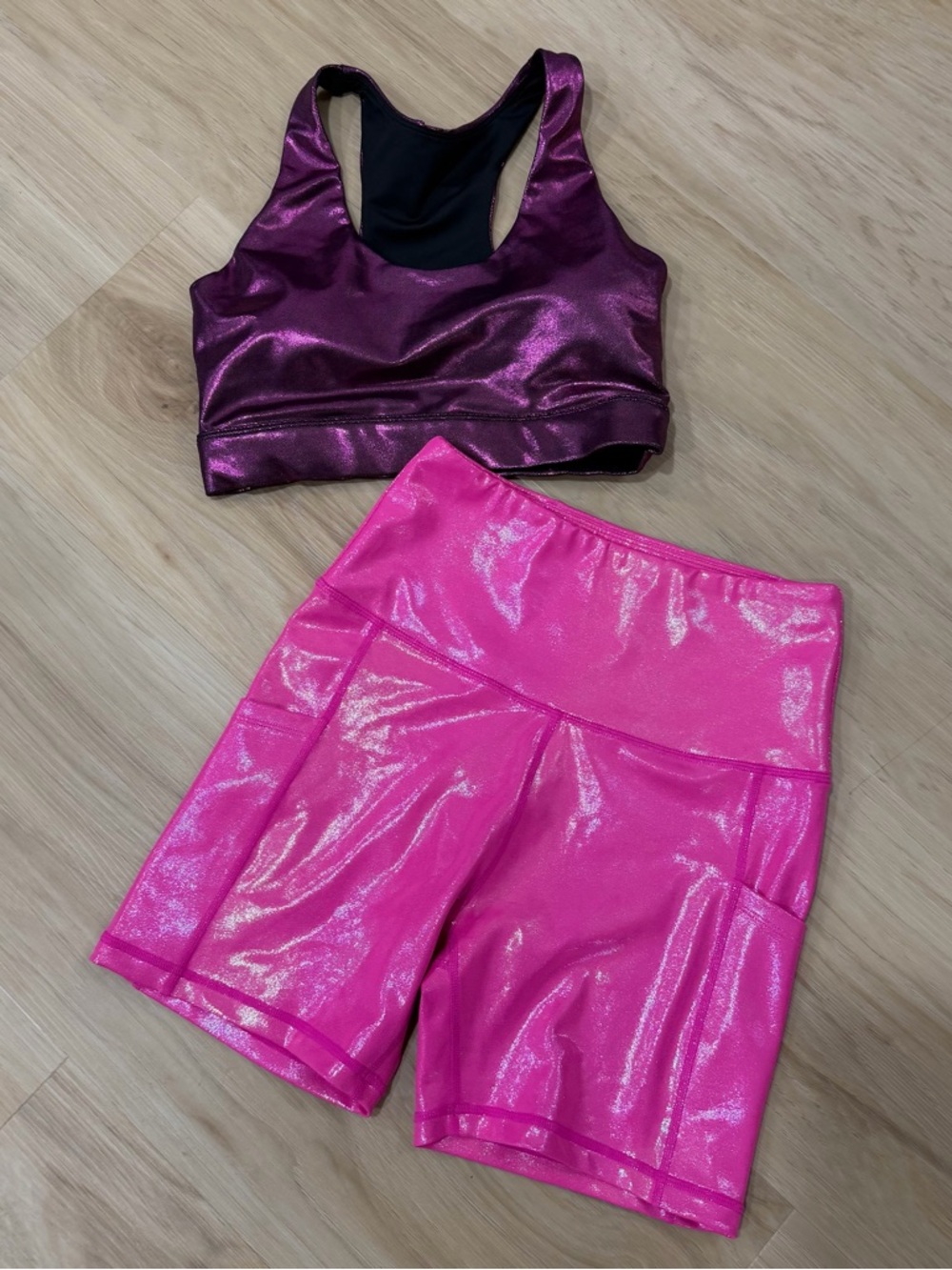 Metallic Purple Sports Bra & Shimmery Hot Pink Bike Shorts Set